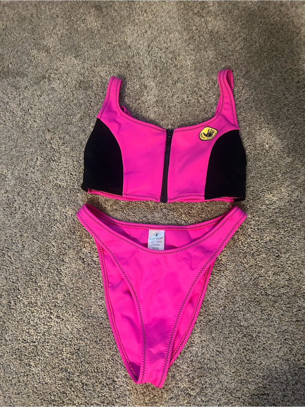 Body Glove Neon Pink Zip-Front Bikini with Black Accents